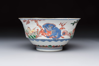 A Chinese famille verte 'Mythical Beasts and Horses' bowl, Fu 黼 mark, Kangxi