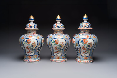 An exceptional polychrome Dutch Delft five-piece garniture in Chinese Kangxi style, first quarter 18th C.