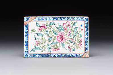Six Chinese Canton enamel rectangular plaques with landscape, figural, floral and European subject designs, Qianlong