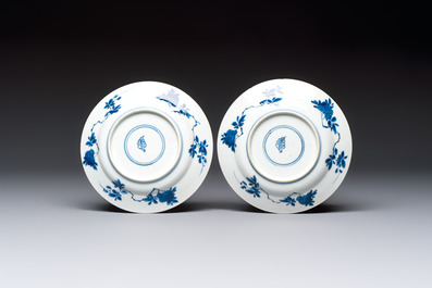 A pair of Chinese blue and white 'Sense of Smell' saucer dishes, artemisia leaf mark, Kangxi