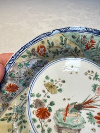 Two Chinese famille verte cups and four saucers, lingzhi and jade marks, Kangxi