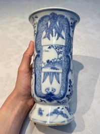 A rare Chinese blue and white five-piece garniture in Dutch Delft style, Kangxi mark, 19th C.
