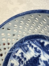 Six Chinese blue and white reticulated baskets with pagodas along a river, Qianlong