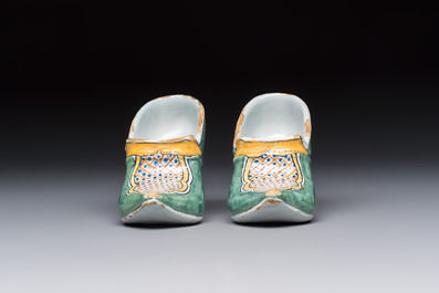 A pair of polychrome Dutch Delft models of shoes, 18th C.