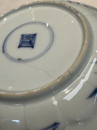 Six Chinese blue and white 'Rooster' cups and saucers, Kangxi