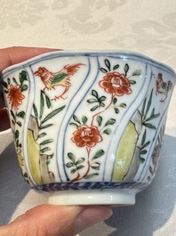 Seven Chinese famille verte cups and four saucers, conch shell and lingzhi marks, Kangxi