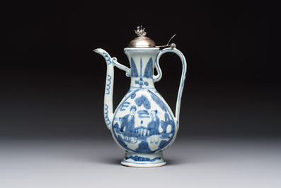 A silver-mounted Chinese blue and white 'Zhou Dunyi 周敦頤' ewer, Ming