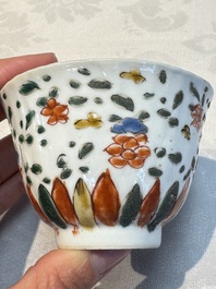 Seven Chinese famille verte cups and four saucers, conch shell and lingzhi marks, Kangxi