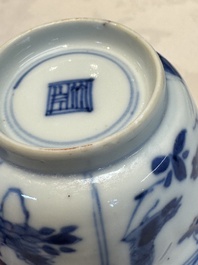Six Chinese blue and white 'Rooster' cups and saucers, Kangxi