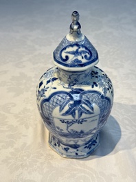A rare Chinese blue and white five-piece garniture in Dutch Delft style, Kangxi mark, 19th C.