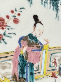 A fine Chinese famille rose dish with ladies and boys near a pagoda, Yongzheng