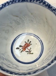 Seven Chinese famille verte cups and four saucers, conch shell and lingzhi marks, Kangxi
