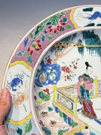 A fine Chinese famille rose dish with ladies and boys near a pagoda, Yongzheng