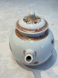 A Chinese famille verte teapot and three famille rose capucine-ground cups and saucers, Kangxi/Qianlong