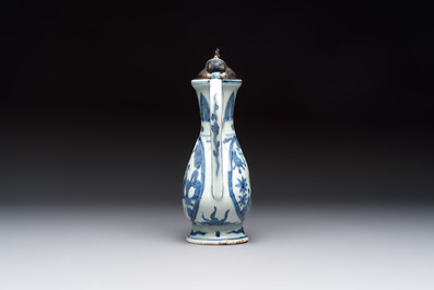 A silver-mounted Chinese blue and white 'Zhou Dunyi 周敦頤' ewer, Ming
