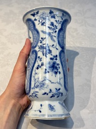 A rare Chinese blue and white five-piece garniture in Dutch Delft style, Kangxi mark, 19th C.