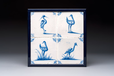 15 blue and white Dutch Delft tiles with large birds, 17th C.