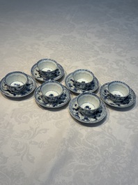 Six Chinese blue and white 'Rooster' cups and saucers, Kangxi