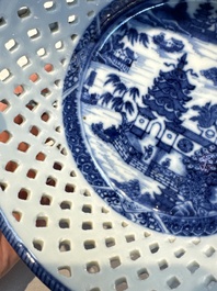 Six Chinese blue and white reticulated baskets with pagodas along a river, Qianlong