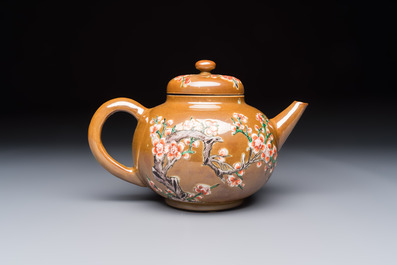 A large Chinese famille verte capucin-ground 'Prunus Blossoms' teapot and cover with relief design, Kangxi