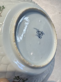 Seven Chinese famille verte cups and four saucers, conch shell and lingzhi marks, Kangxi