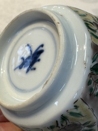 Two Chinese famille verte cups and four saucers, lingzhi and jade marks, Kangxi