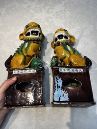 A pair of Chinese sancai-glazed Buddhist lions, Kangxi mark, 19th C.