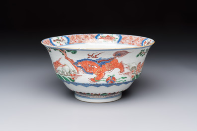 A Chinese famille verte 'Mythical Beasts and Horses' bowl, Fu 黼 mark, Kangxi