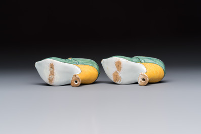 A pair of polychrome Dutch Delft models of shoes, 18th C.