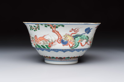 A Chinese famille verte 'Mythical Beasts and Horses' bowl, Fu 黼 mark, Kangxi