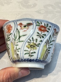 Seven Chinese famille verte cups and four saucers, conch shell and lingzhi marks, Kangxi