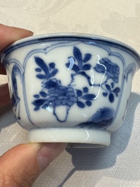 Six Chinese blue and white 'Rooster' cups and saucers, Kangxi
