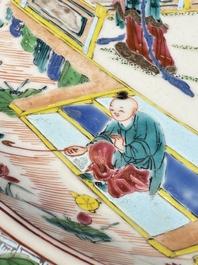A fine Chinese famille rose dish with ladies and boys near a pagoda, Yongzheng