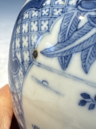 A rare Chinese blue and white five-piece garniture in Dutch Delft style, Kangxi mark, 19th C.