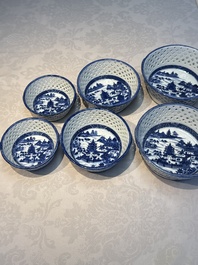 Six Chinese blue and white reticulated baskets with pagodas along a river, Qianlong