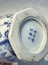 A rare Chinese blue and white five-piece garniture in Dutch Delft style, Kangxi mark, 19th C.