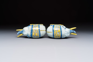 A pair of blue, white and yellow Frankfurt faience models of elephants, ca. 1700