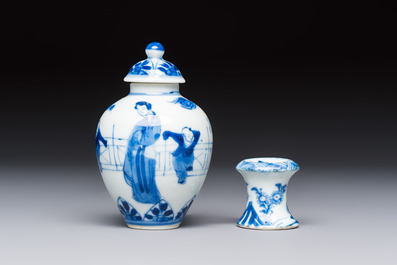 A small Chinese blue and white covered vase and a miniature salt, Kangxi