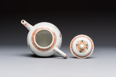 A Chinese famille verte teapot and three famille rose capucine-ground cups and saucers, Kangxi/Qianlong