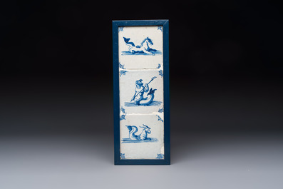 17 blue and white Dutch Delft tiles with sea monsters, ships, a cat and various figures, 17th C. and later