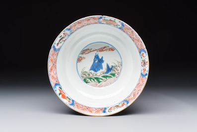 A Chinese famille verte 'Mythical Beasts and Horses' bowl, Fu 黼 mark, Kangxi
