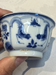 Six Chinese blue and white 'Rooster' cups and saucers, Kangxi