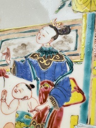 A fine Chinese famille rose dish with ladies and boys near a pagoda, Yongzheng