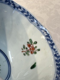 Seven Chinese famille verte cups and four saucers, conch shell and lingzhi marks, Kangxi