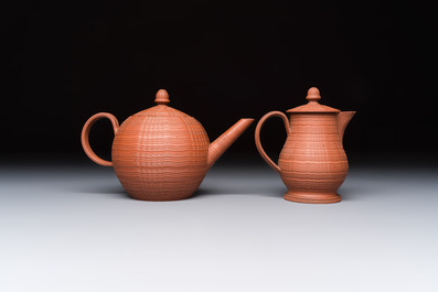 An English 4-piece engine-turned redware tea service, pseudo-Chinese marks, 2nd half 18th C.
