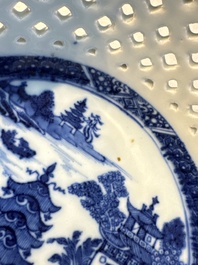 Six Chinese blue and white reticulated baskets with pagodas along a river, Qianlong