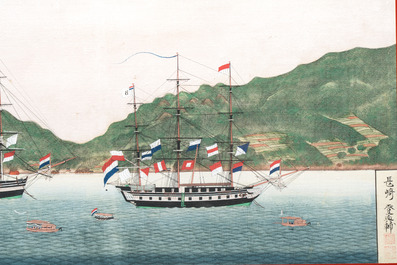 Kawahara Keiga 川原慶賀 (Japan, 1786-1860): 'Two Dutch Vessels Anchored off Nagasaki Bay', gouache on silk, seal mark, 19th C.
