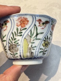 Seven Chinese famille verte cups and four saucers, conch shell and lingzhi marks, Kangxi