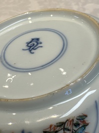 Seven Chinese famille verte cups and four saucers, conch shell and lingzhi marks, Kangxi