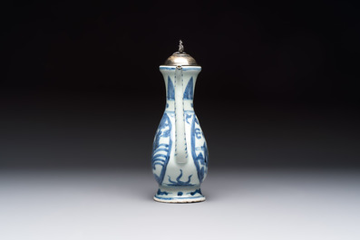 A silver-mounted Chinese blue and white 'Zhou Dunyi 周敦頤' ewer, Ming